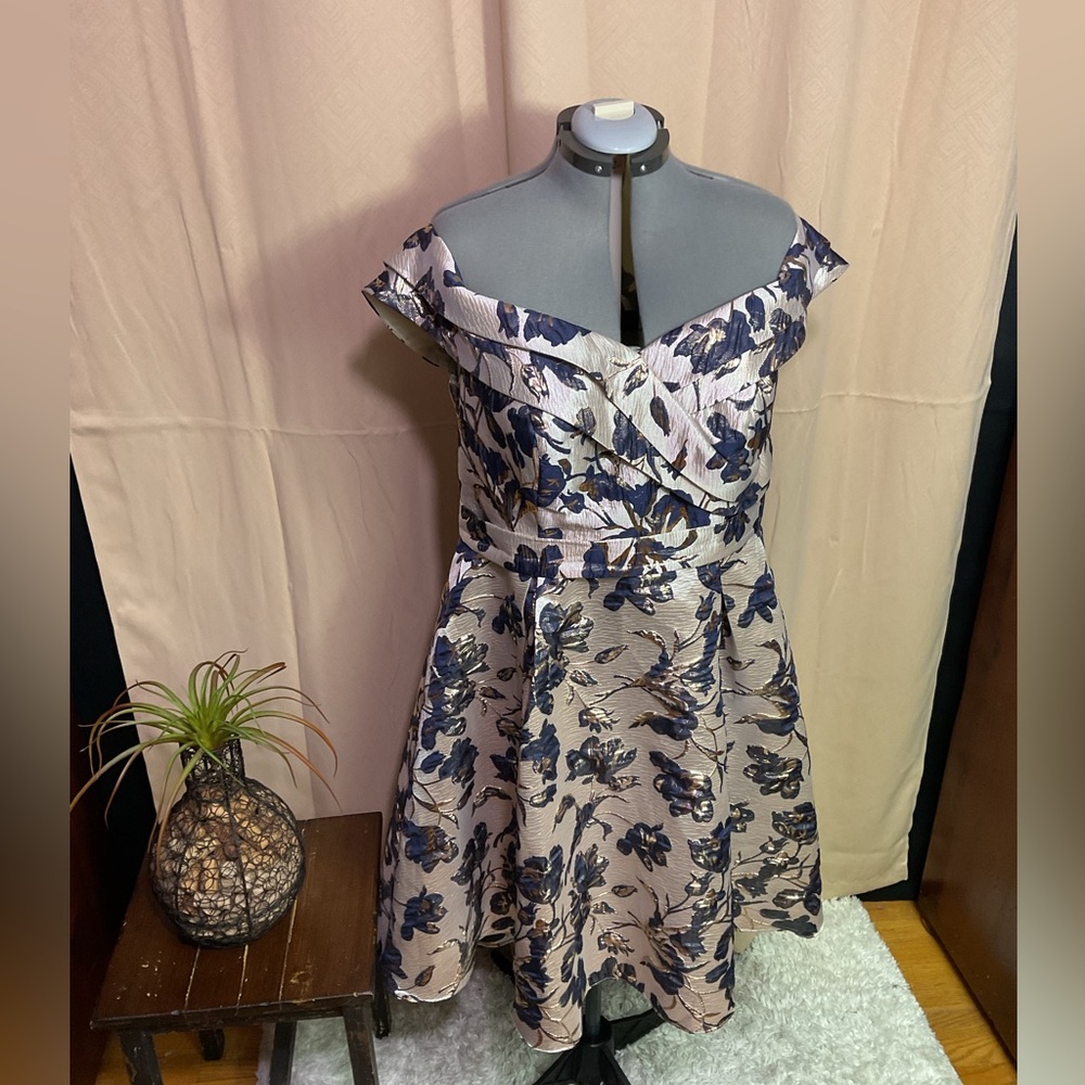 Oleg Cassini Metallic Brocade Off The Shoulder High Low Dress - Picture 4 of 15